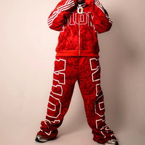 Autumn Unisex Zipper-Up Oversized Solid Fleece Distressed Acid Wash Hoodie Sweatpants Set Applique Embroidery Plain Dyed - Product Image 3
