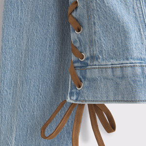 Veste de camionneur en jean rempli de coton à lacets pour femmes motif solide respirant lavé poches courtes pour la saison de printemps - Product Image 5