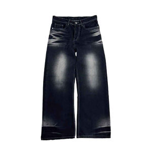 Jean en denim délavé coupe large pour homme, en coton mi-lourd, coupe décontractée, style automne, couleur unie noir - Product Image 1