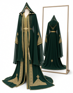 Robe de soirée vintage marocaine brodée en satin, coupe trapèze, longue, manches longues, col rond, traîne Watteau, pour femme - Product Image 2
