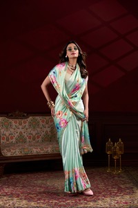 Style moderne à la mode dernière à la mode belle impression florale de soie de satin avec la frontière de dentelle de perle Saree femme exportateur de mode - Product Image 5