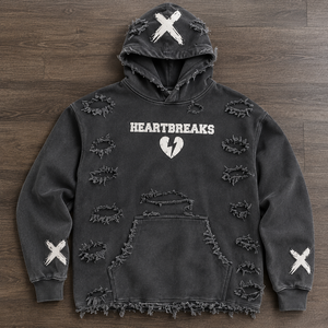 Sudadera con Capucha Estampada Heartbreaks para Hombre, Estilo Punk Oversize, Invierno, Algodón Negro, Felpa Francesa, Bolsillo Frontal, Diseño Desgastado - Product Image 1