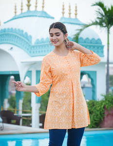Yash Gallery Women's Orange Floral Printed Embroidered Cotton Short Kurti O-Neck 3/4th Sleeves Soft Breathable Fabric Formal - Product Image 2