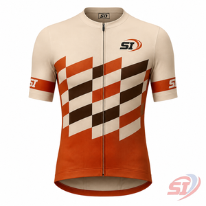 Maillot de cyclisme personnalisé à manches courtes et fermeture éclair intégrale, séchage rapide, pour vélo de route, motif quadrillé Tangerine Sand Espresso - Product Image 1