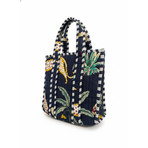 <b>Navy</b> Blue Jungle Print Cotton Bento Lunch <b>Bag</b> Waterproof Zipper Picnic Cooler - Product Image 2