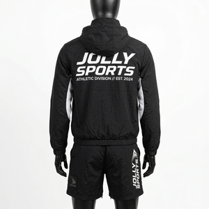 Conjunto Corto de Chaqueta Cortavientos y Pantalones Cortos de Poliéster Taslon para Hombre, Chaqueta con Capucha Negra con Diseño de Paneles, Logotipo Personalizado - Product Image 6