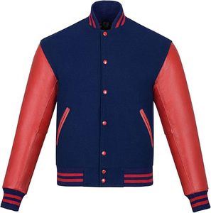 Blouson bomber bleu marine classique avec manches en cuir rouge, col rond, bordure contrastée, vêtements de sport pour adultes, automne - Product Image 1