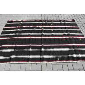 Tapis vintage 4,9x7,3 pieds, tapis turc, tapis en laine à carreaux noir et blanc - Product Image 3