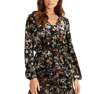 Top Peplum Alma de Rachel Roy para Mujer, Color Negro, Talla Mediana, Vestido Formal de Fiesta, Encaje con Volantes, Estampado Floral Geométrico, Viscosa y Chifón - Product Image 1