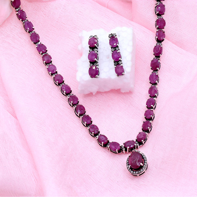 925 Sterling Silver Necklace Earring Set Natural Ruby Gemstone Pave Diamond Bohemian Style Fine for Party Wholesale Price