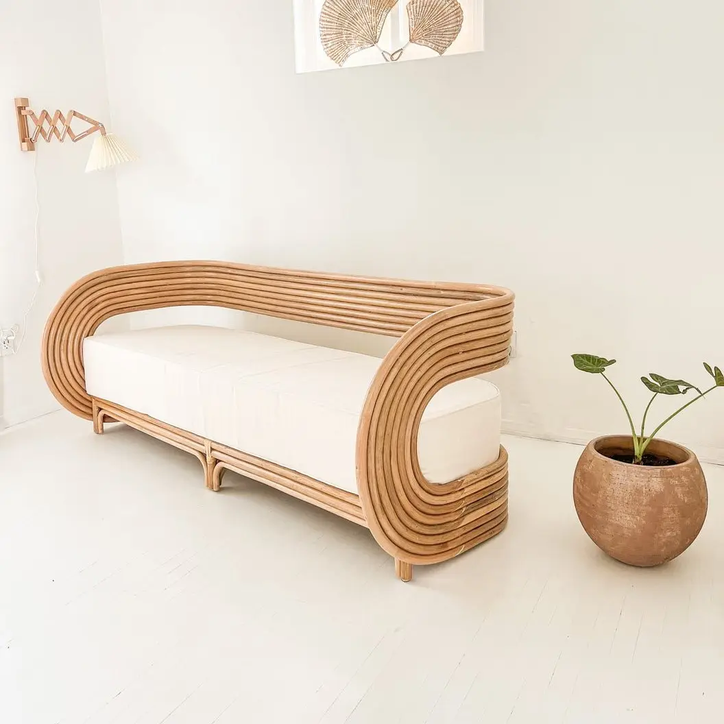 Sofá de design abstrato único, sofá duplo de tecido natural de rattan com secções seccionais para decoração de estacionamento interno