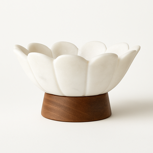 Nouveau bol en marbre festonné blanc avec base en bois Premium fabriqué à la main décor à la maison fleur forme bol à fruits élégant accent de table - Product Image 1
