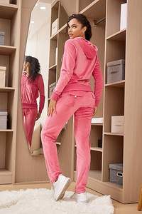 Ensemble de survêtement en velours pour femme Design solide Sweat à capuche zippé et pantalons de survêtement avec rayures pour la saison d'automne - Product Image 4