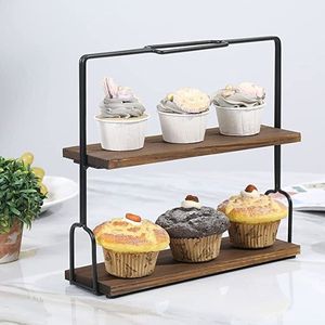 Modern Black Color Metallic Frame With Wooden Top 2 Tier Cake <b>Cupcake</b> <b>Stand</b> in Reasonable Price - Product Image 6
