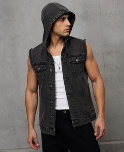 Chaleco Vaquero sin Mangas para Hombre, Personalizado, con Capucha, de Algodón Lavado, Estilo Casual, Color Sólido, Bordes Deshilachados, Estilo Urbano - Product Image 3