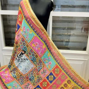 New Fancy Handmade Embroidery Mirror Work Pakistani Silk Dupattas Bohemian Hand Embroidery Colorful Dupattas For Women Clothing