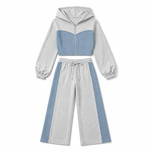 Ensemble de survêtement décontracté pour femme en 100 % polyester, deux pièces, avec sweat à capuche court à manches longues et pantalon de jogging large, style streetwear color block - Product Image 6