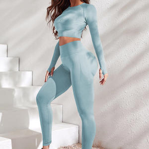 Conjunto de Yoga de Alta Calidad, Top Corto de Manga Larga, Leggings de Cintura Alta, 2 Piezas, Trajes Deportivos para Entrenamiento, Conjuntos de Yoga Transpirables para Mujer - Product Image 3