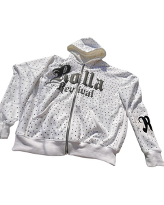 Sudadera con capucha y cremallera estampada con lavado de ácido y diamantes de imitación con logotipo personalizado hecho en fábrica, ropa de calle de invierno, sudadera con cremallera para Unisex - Product Image 1