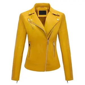 黄色纯色运动皮夹克秋冬新款女装皮夹克修身皮夹克时尚女装