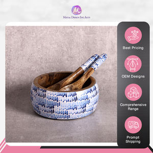 Nouvel arrivage Meilleur fournisseur Bol à salade en bois de manguier avec finition imprimée en émail Saladier avec serveur du meilleur vendeur indien - Product Image 2