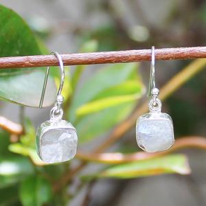 925 Solid Sterling Silver Gold Plated Natural White Raw <b>Moonstone</b> Dangle Drop Earrings Simple Single Rough Cut Gemstone - Product Image 1