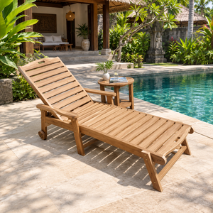 Chaise longue moderne en teck à lattes pour extérieur, plage, piscine, patio et détente - Product Image 1