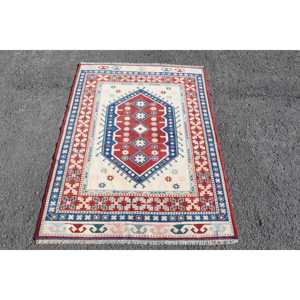 พรมวินเทจขนาด 3.4x4.7 ฟุต พรมตกแต่งสไตล์ตุรกี พรมขอบสีแดงน้ำเงิน - Product Image 1