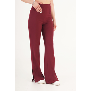 Pantalones de Campana Lustrin para Mujer, Color Borgoña, Mezcla de Viscosa, con Detalle de Abertura, Cintura Media, Casuales, para Otoño, para Oficina - Product Image 2