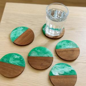 Modern Resin Wooden <b>Coasters</b> Set <b>Green</b> Ocean Wave with Leaf Design Mug Cup Coffee Table Decor for Housewarming Modern Home Ideas - Product Image 1