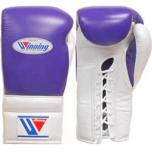 Gants de boxe à lacets Winning, violet et blanc, cuir véritable de qualité supérieure, gants d'entraînement et de sparring professionnels, finition lisse, 8 oz, 10 oz - Product Image 1