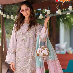 Elegante conjunto de 3 piezas Eid Shalwar Kameez () Top bordado de organza y Dupatta con fondo de viscosa para fiestas - Product Image 1