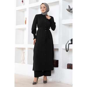 Ensemble décontracté 2 pièces style coréen noir MSW19233-1 avec haut et bas fendus, coupe ajustée, longueur midi, 100 % polyester - Product Image 3