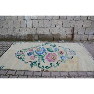 Traditional Beige Blue Vintage Turkish Rug 4.8 X 9.1ft Patchwork Pattern Wool Viscose Material 10mm Thickness Latex for Living - Product Image 4