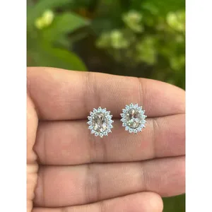 Boucles d'oreilles clous en argent 925 plaqué or, forme fleur, avec Morganite pêche, Grenat, Améthyste, Quartz, Diamant, pour Mariage et Fiançailles - Product Image 1