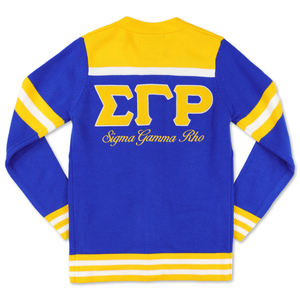 Cardigan en laine Sigma Gamma Rho bleu et or pour femme, pull boutonné avec lettres grecques, vêtements de sororité SGR, coupe premium - Product Image 4