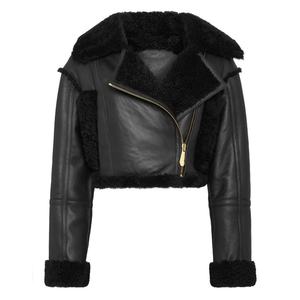 Blouson bombardier noir en peau de mouton pour femme, nouveau Style en peau de mouton, blouson noir en fausse fourrure - Product Image 2