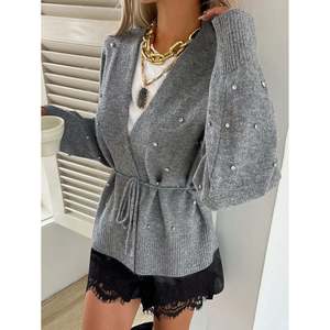 Women's <b>Wool</b> Long Print Cardigan with Embellished Tie-Front - Product Image 5