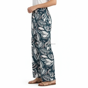 High Quality Women's Mid Waist Winter Floral Vintage Lightweight Palazzo Pants Soft Stretch Casual Wide Leg <b>Trousers</b> Wholesale - Product Image 4