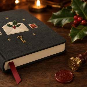 Journal de Noël personnalisé LABON, couverture rigide noire, <span class=keywords><strong>enveloppe</strong></span> brodée, clé de houx, timbres-poste, étoiles dorées, pages lignées - Product Image 4