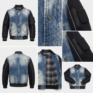 Blouson Bomber Letterman en Denim Bleu Personnalisé avec Manches Noires, Style Streetwear, Effet Vieilli, Poches Zippées, Fabricant OEM ODM Marque Privée Co US - Product Image 5