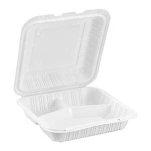 Contenants à emporter ProTakeOut 9x9, lot de 150, blancs, avec fermeture frontale, 4 aérations, 3 compartiments, durables et écologiques, compatibles congélateur et micro-ondes - Product Image 1