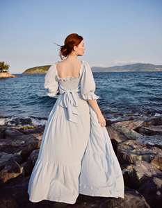 เดรสแม็กซี่สไตล์โบฮีเมียนคลาสสิกสำหรับผู้หญิง สีฟ้าอ่อน คอเหลี่ยม ผ้าลินิน ไซส์พลัส เสื้อผ้าลินินใส่สบาย มีหลายขนาดให้เลือก - Product Image 4