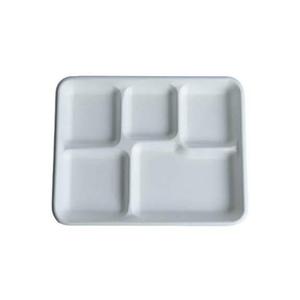 Plateau repas jetable à 5 compartiments, rectangulaire, en papier blanc, compatible micro-ondes, en bagasse naturelle - Product Image 1