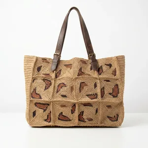 Sac cabas bohème en raphia avec motif géométrique, sac en toile pour femme, idéal pour les courses estivales - Product Image 4