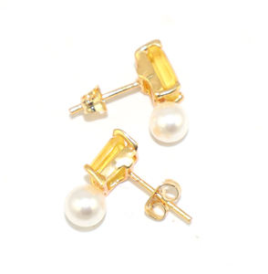 Pendientes de Botón de Oro de 22k con Citrino y Perla de Agua Dulce, Estilo Clásico, Forma Rectangular, Ligeros, de Latón, al por Mayor para Mujer - Product Image 3