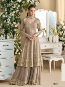 Costume palazzo cousu de taille libre en georgette véritable de qualité supérieure avec broderie à l'aspect lourd, parfait pour la collection de mariage - Product Image 3