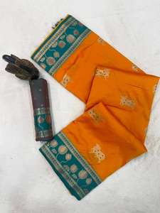 Sari en soie douce bleu royal élégant avec pallu en peau de vache Nandi, bordure de fleurs de lotus, travail de tissage Zari, sari pour femmes - Product Image 4