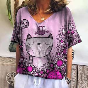 Cartoon <b>Cat</b> <b>T</b> Shirt For Women Summer V-neck Short Sleeve Tee Fashion 2025 Female Clothing Street wear Women's <b>T</b>-shirt - Product Image 3