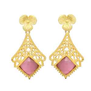 New Arrival Gold Plated Pink Hydro Gemstone Earrings with Golden Delicate Filigree - Product Image 1